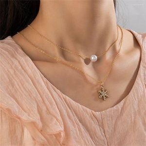 Hänge halsband mode guld färg kedja konstgjord pärla kristall snöflinga halsband för kvinnor kvinnlig vintage julklappsmycken