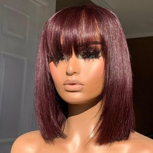 Syntetiska peruker 99J Bourgogne Straight Bob Human Hair Wigs With Bang Full Machine Made Brasilian Remy Human Hair Short Bob Wigs For Black Woman 231109