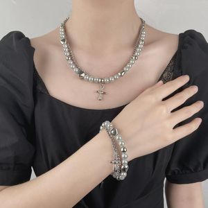 Necklace Earrings Set Retro Cross Charms Double Layer Bracelet For Women Pearl Beaded Chain Exquisite Pendant 2023 Party Jewelry Gift