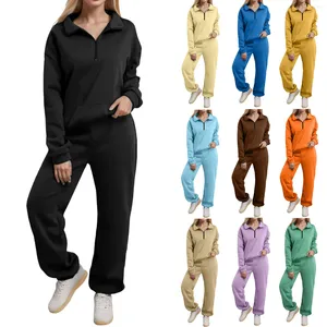 Calças femininas de duas peças 2 roupas femininas manga comprida zíper moletom conjuntos meio zip pulôver com corredores sweatpants inverno velo tracksuit