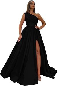 A-Line Red Long Evening Prom Dresses vestidos de festa Satin Women Formal Pageant Party Gown One Shoulder Fashion Split Graduation Gown