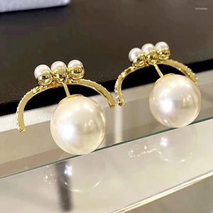 Ohrstecker Natürliche Perle Für Frauen Glänzende Zirkonia Korea Silber Nadel Gebogene Ohr Schmuck Mädchen Geschenk Z701