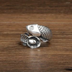 Cluster-Ringe aus Thai-Silber 925, Lotusblatt, kleiner Fisch, für Damen, Vintage-Mode, frischer und verstellbarer Party-Schmuck im klassischen Design