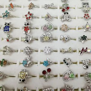 Cluster Rings 10Pcs/Lot Trendy Colorful Crystal For Girls Mix Style Silver Plated Rhinestone Heart Animal Jewelry Kids Adjustable