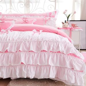 Bedding Sets Cotton Pink Bow Ruffles Double Size Set Luxury Korean Princess Bedspread Duvet Cover Bed Skirt Pillowcases