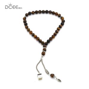 Strand 10mm Tiger Eye Stone Tassel Pendant 33 Bönpärlor med Kaaba Islamiska muslimska Tasbih Mohammed Rosary for Women Men Pärledsträngar