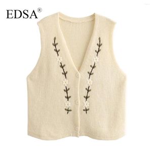 EDSA Damen-Strickjacke, elegant, beige, mit Blumenmuster bestickt, V-Ausschnitt, ärmellos, einreihig, Strickweste, Weste