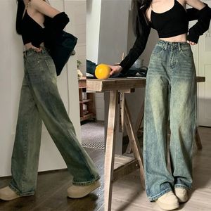 Kobiet dżinsy amerykańskie vintage proste kobiety jesień w trudnej sytuacji rozmiar w trudnej talii małe szerokie nogi mopping spodnie 231110
