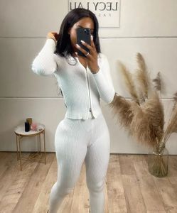 Mulheres de duas peças calças sólida malha costela conjunto mulheres outono inverno treino turn down colarinho manga longa zíper colheita top leggings ternos 231110