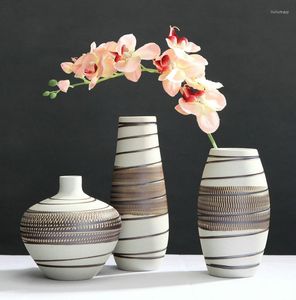 Vasen, einfache und Retro-Keramikvase, dreiteiliges Set mit handwerklichen Ornamenten, Wohnzimmer, Tischplatte, Blumenarrangement