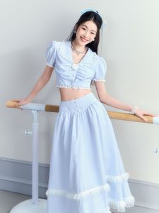 Dwuczęściowe DRES 2023 Summer 2 Set Vintage Korean Style Elegancka bluzka z krótkim rękawem Midi Spirts 230410