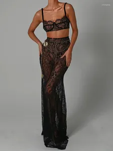 Work Dresses Mozision See Through Lace Two Piece Skirt Sets Women Crop Top And Maxi Elegant Party Beach Sexy Set