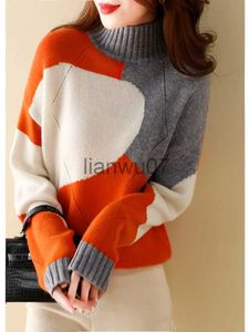 Kvinnors tröjor Kvinnors vinterblus 2023 Nya avslappnade långärmade stickade Korean Fashion Color Block Pullovers Loose Screw Thread Turtleneck J231110