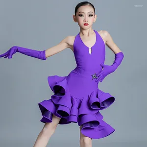 Stage Wear 2023 Latin Dance Costume Girls Purple Sleeveless Dress Ruffled Skirt Child Tango Chacha Ballroom SL7643