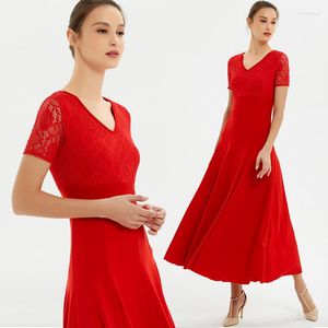 Bühnenkleidung V-Kragen Spitze Kurzarm Tanzkleid Modernes Einteiler Flamenco-Walzer Standard-Übungskleidung Rumba Samba