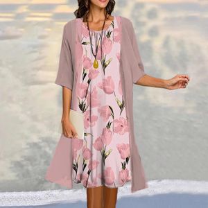 Abiti da lavoro Abito floreale a tulipano con cardigan Set estivo da donna in due pezzi Elegante abito da sposa a maniche lunghe elegante Boho Beach