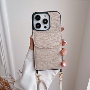 Crossbody Chain Magnetic Lychee Pattern Flip Vogue Phone Case for iPhone 14 13 12 11 Pro Max Adjustable Lanyard Card Slot Solid Leather Wallet Back Cover Anti-fall