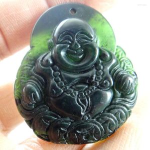 Charms 41 35 7MM Wholesale Natural Chinese Black Green Stone Hand-carved Statue Of Buddha Amulet Pendant Necklace