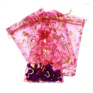 Sacchetti regalo per gioielli 17 23 cm 100 pezzi Sacchetti regalo cuore in oro rosa per gioielli / matrimonio / sacchetto di filato natalizio con manici Imballaggio in organza