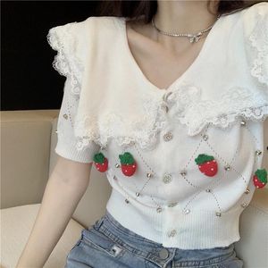 Kvinnors stickor High Fashion Kawaii virkad lapel Kort ärm Hollow T-shirt Strawberry Bead Thin Knit Top 2024 Summer Women Cardigan