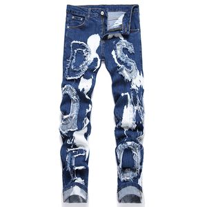 Fashion Trend Slim-Fit Stretch Men's Jeans Blue Letter Patch Collage White Pants Spring Autumn Male Denim Trousers