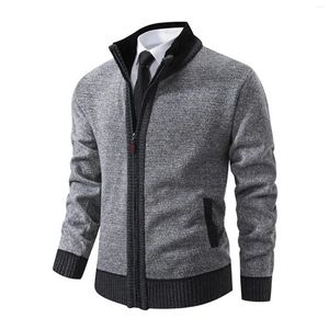 メンズセーターコートメンズフリースジャケット長い袖の厚い色ブロックウォームニットカーディガンジャケットセーターコートニットジャンパー