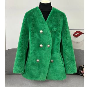 Женская куртка из искусственного меха 2023, осенне-зимняя куртка, кашемировое пальто, шерстяная ткань, толстая теплая верхняя одежда, модная уличная одежда больших размеров с V-образным вырезом 231110