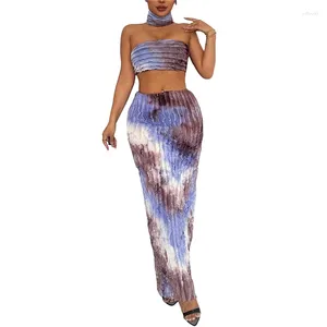 Work Dresses Xingqing 3 Pieces Set Outfits Women Summer Tie Dye Print Off Shoulder Crop Top And Bodycon Skirt With Neckerchief Streetwear