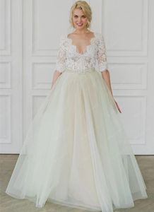 Klassisches Plus Size Hochzeitskleid 2024 V-Ausschnitt Halbarm Spitze Applikationen Kristalle Schärpe A-Linie Robe Mariee Frauen Brautkleid Vestidos De Noiva