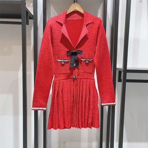 Casual Dress 2023 Autumn/Winter French Style Bow Tie V-Neck Knitted Long Sleeve Dress Short Dress