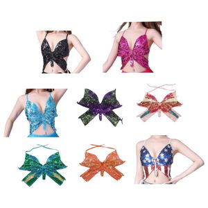 Camisoles Tank'sequins Butterfly Crop Club Club Tribal Outfits Dance Wear Glitter Bra Tops for Halloween Rave Party Festival 230410
