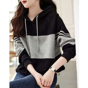Giacca maglione con cappuccio nero per versione coreana autunnale da donna patchwork a righe larghe casual di tendenza
