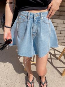 Women's Shorts Gaganight Women's One Button Double Pocket Shorts Korean Fashion Summer Vintage High Waist Loose Wide Leg Wool Jeans 230410