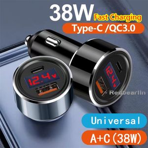 スーパーファーストクイック充電38WデュアルポートUSB Cカー充電器金属合金LEDディスプレイQC3.0車両充電器パワーアダプター用電源アダプター11 12 13 14 15 SAMSUNG HTC GPS PC