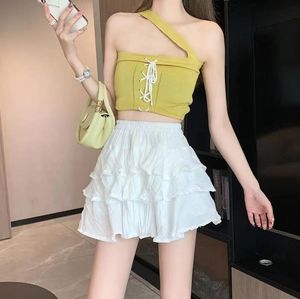 Women's Shorts 2023 Summer Women Layered Ruffles A-Line Skirt Elastic Waist Sweet Splicing Hollow Out Black Or White Cake