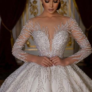 luxury Glitter Sequined Illusion Long Sleeves Wedding Dresses 2024 Arabic Dubai Sweetheart Backless Ball Gown Women Bridal Gowns