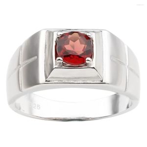 Cluster Rings Men's 925 Silver Ring 6mm Natural Red Garnet Gemstone Cross Carve On Band January Birthstone Birthday Gift R508RGN