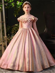 Abiti da ragazza Abito da ballo principessa elegante gonfio con fiori lucidi rosa per abito da prima comunione con fiocco per festa di compleanno per bambini