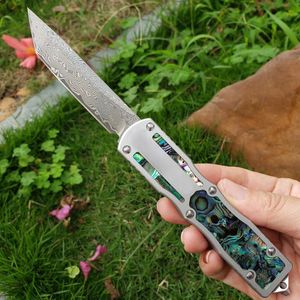 High End Damascus Auto Tactical Knife VG10 Damascus Steel Blade 6061-T6 with Abalone shell Handle With Nylon Sheath