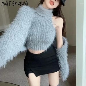 Women's Knits Matakawa 2 Pieces Women Cardigans Solid Autumn Winter Korean Fashion Turtleneck Halter Sweaters Vinatge Y2k Ropa De Mujer