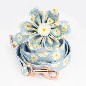 Dog Collars Leashes Blue Daisy dog collar dog flower and leash set for pet dog cat with rose gold metal buckle 231110