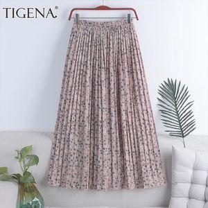 Skirts TIGENA Chiffon Long Pleated Leather Women's Fashion Summer Flower Printing Holiday A Line High Waist Maxi Leather Women's Aesthetics 230410