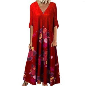 Casual klänningar golvlängd swing bohemia klänning blommig tryck v-hals mantel longue halva ärm sukienki vestidos de mujer elegantes kläder