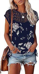 Womens Cap Sleeve Tops 2023 Trendy Floral Print Summer Tops Loose Fit Lace T Shirts Blouses