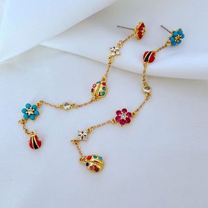 Stud Real 18K Gold Plated Zircon Flower Ladybug Long Earrings Jewelries Letter wedding Gift factory wholesale With Free dust bag
