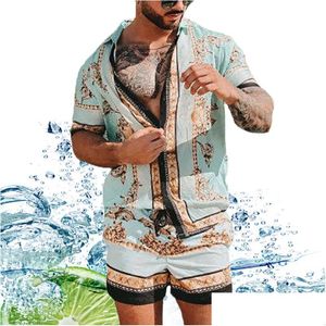 Herrespår Summer Casual Loose Printing Tracksuits Two-Piece Shirts Beach Suit Dreatble Blue and Shorts Set Drop Dhyx4