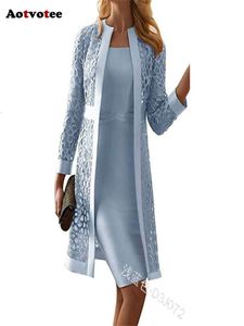 Piece Sets for Women Fashion Vintage Lace Hollow Out Long Sleeve Cardigan Elegant Solid Slim Mini Dress
