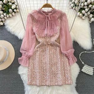 Casual Dresses Autumn Luxury Flower Embroidery Mesh Patchwork Sequined Tweed Dress Women Ruffled Bow Tie Flare Sleeve Slim Woolen Vestidos 2024