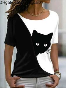 Erkek Tişörtler 2023 Yaz Kadınlar Kedi Baskılı Resim Tişörtleri O boyun boyunlu FA Üstleri Günlük Külot Yeni Tişört Tasarımı Sokak Giyim 4103