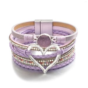 Bangle Fashion Bohemian Multilayer Metal Love Heart Charm Leather Rhinestone Braided Wrap Bracelet For Women Jewelry Gfits